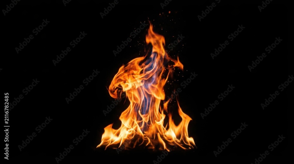 Fototapeta premium Bright fire flame isolated on black background. Burning blaze element for graphic design.