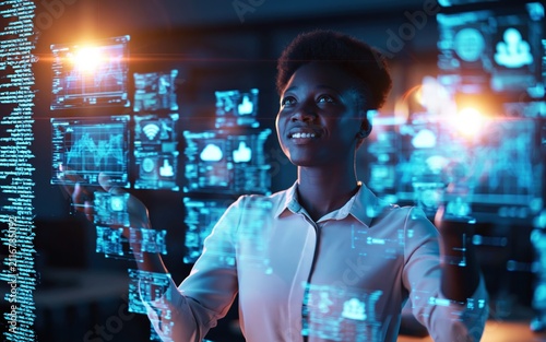 Fototapeta kuchenna Technology developer using a futuristic digital hologram for complex data coding