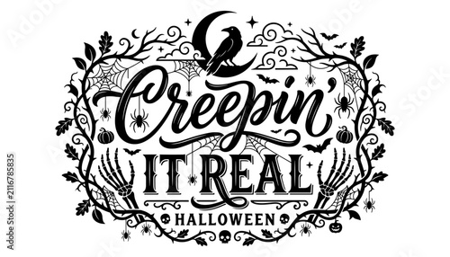 Creepin it real halloween typography design with hand drawn illustrations of a crow moon branches and skeletons on white background