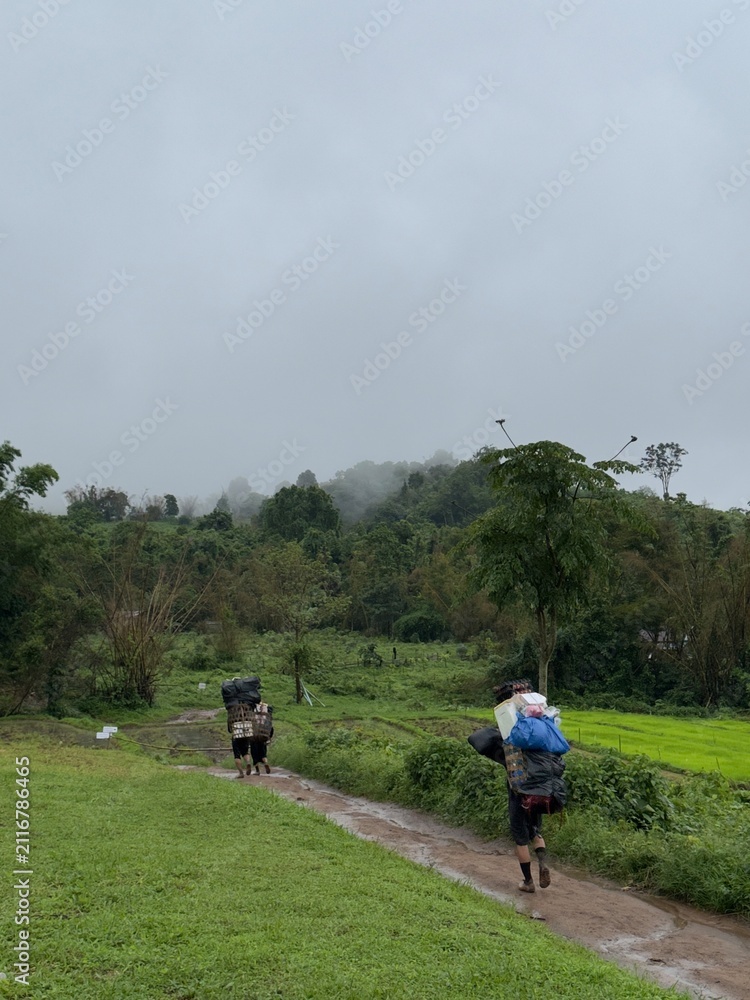Obraz premium Local Mountain Porter Transporting Camping Equipment Along Forest Trek