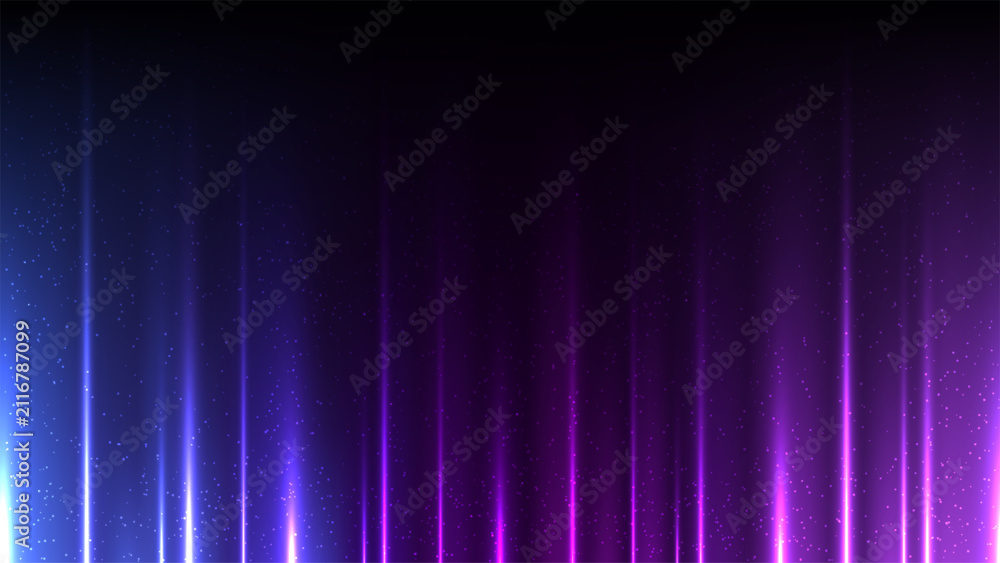 Obraz premium Abstract futuristic background with cyan blue and magenta purple glowing vertical light beams and glowing particles on dark space backdrop for modern digital technology poster design