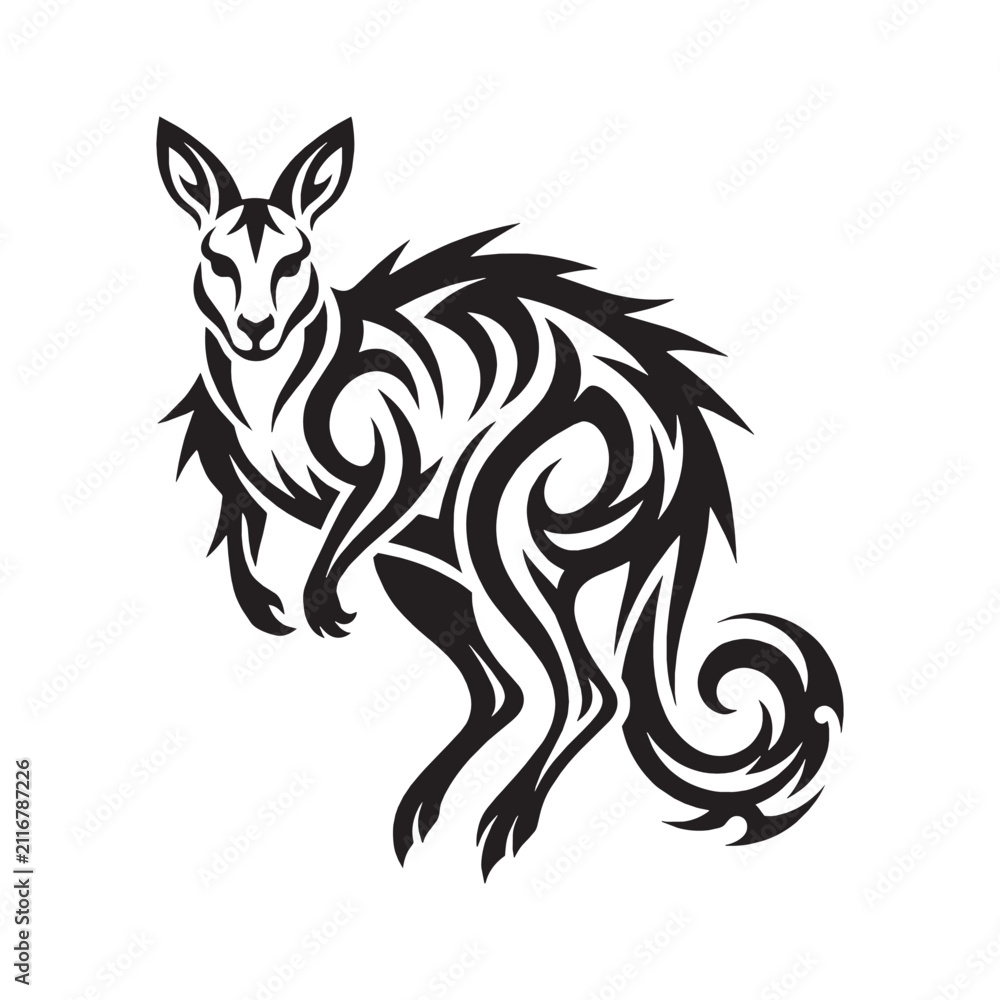 Obraz premium Tribal Kangaroo Tattoo Design, Blackwork Ink Style Ornamental Australian Wildlife Vector Illustration
