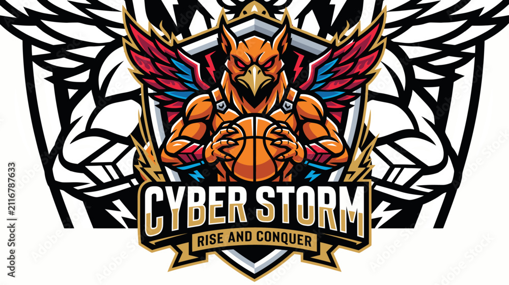 Obraz premium Aggressive eagle mascot logo for a basketball team featuring cyber storm text and wings.