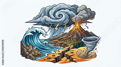 Natural disasters collage with volcano tsunami and earthquake