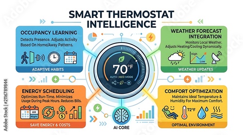 Smart home technology infographic for temperature control and energy
