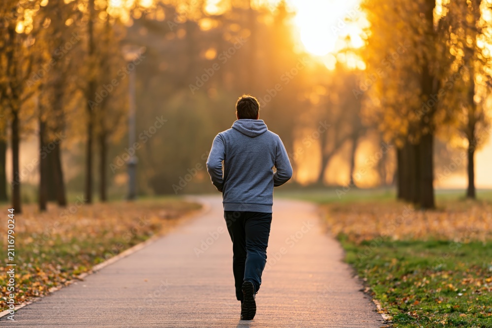 Obraz premium Man jogging on a paved park path during a golden hour sunset in the autumn trees