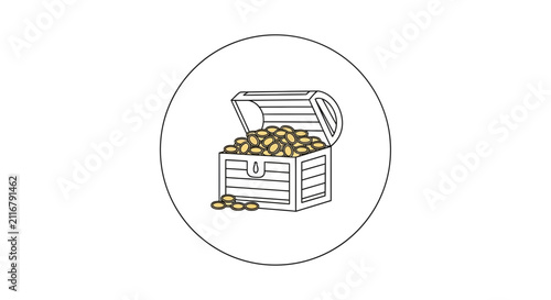 Open treasure chest overflowing with gold coins, isolated illustration