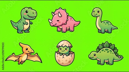 Cute Cartoon Dinosaur Character Set on Green Screen Chroma Key