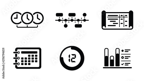 A comprehensive business management planning and data analysis icon set for productivity