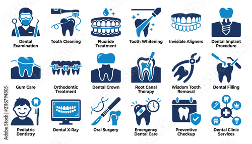 A collection of blue dental icons representing various clinical procedures and oral health care services for professional medical office design