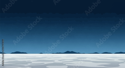 Vector landscape illustration featuring a white salt flat under a clear night sky filled with stars, with dark blue mountain silhouettes on the horizon, depicting Salar de Uyuni.