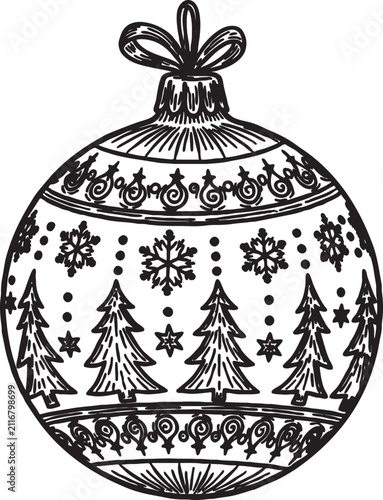 Christmas ornament bauble with pine tree snowflake and scroll patterns festive decoration line art illustration black and white design element winter holiday decoration snowflake