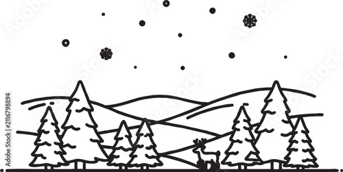Black and white outline drawing of a serene winter forest landscape with numerous pine trees rolling hills falling snow evoking a peaceful natural scene line art design element landscape