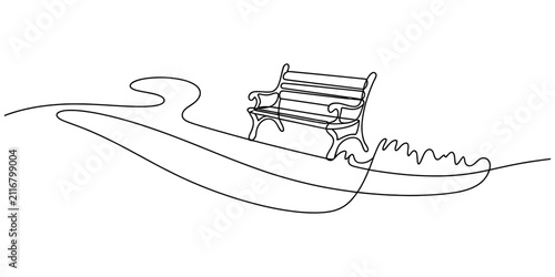 Continuous single line drawing of a park bench in a garden setting