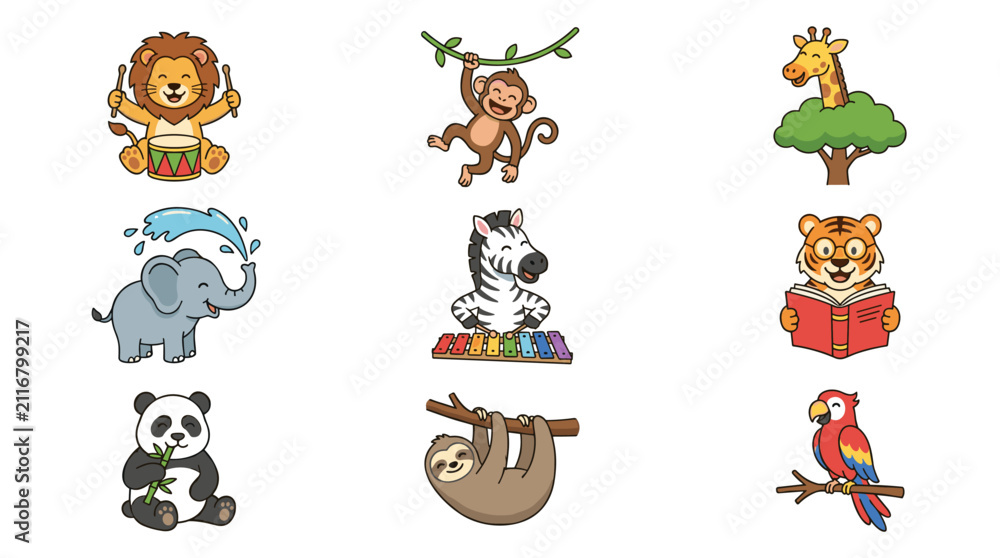 Obraz premium Cute Jungle Animal Icon Set: Lion Drumming, Monkey Swinging, Giraffe in Tree, Elephant Spraying Water, Zebra Playing Xylophone, Panda Eating Bamboo, Sloth Hanging, Tiger Reading, Parrot on Branch