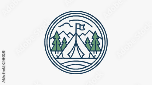 Fotografie Camping tent logo with mountains and trees inside circular frame.