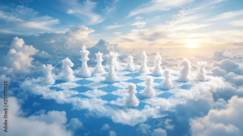 Cloud chess board and pieces in blue sky