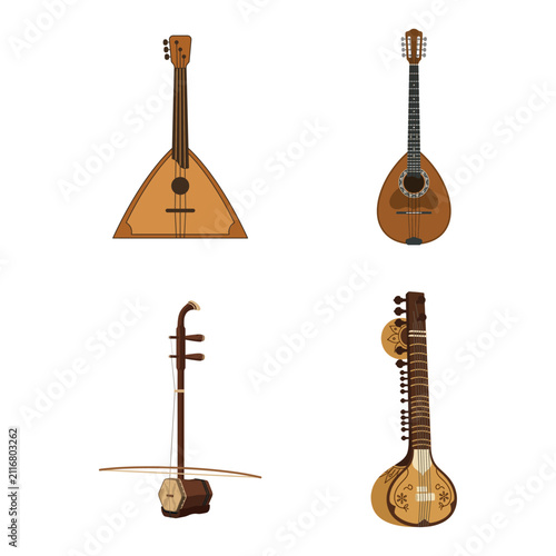 Set of traditional string musical instruments including balalaika, mandolin, erhu and sitar
