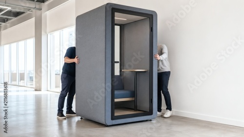 Two people moving modern acoustic phone booth pod for office privacy in open plan workspace with acoustic workspace furniture installation interior