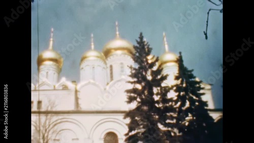 Annunciation golden domes cathedral, traditional architecture on cathedral square moscow kremlin during the soviet union. Old film. Archival retro. Vintage archive. 1960s Moscow Russia USSR