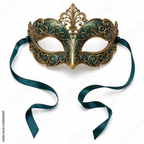 Overhead view of an ornate filigree masquerade mask lying flat on pure white with its silk ribbons trailing in loose curves. Generative AI photorealistic Halloween studio image isolated on white.