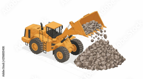 Yellow construction wheel loader moving gravel pile.