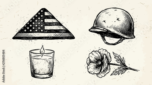 Canvastavla Remembrance items such as a folded American flag, a vintage military helmet, a burning memorial candle, and a poppy flower appear as a solemn collection of illustrations