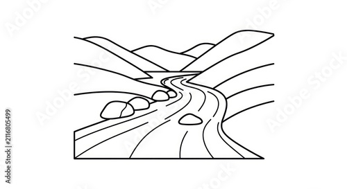 Winding road through mountain landscape sketch.