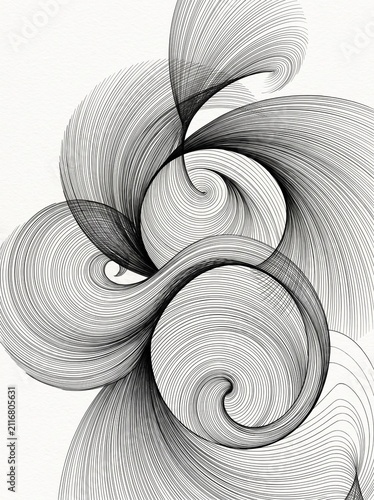Abstract Geometric Composition with Overlapping Radial Line Patterns in Grayscale