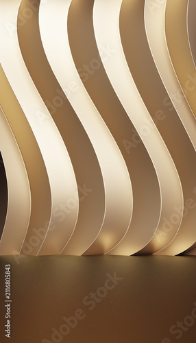 Luxury abstract golden wavy metallic wall with soft illuminated curves and minimal floor. Elegant 3D background for product display, branding, advertising, exhibition, and premium presentations.