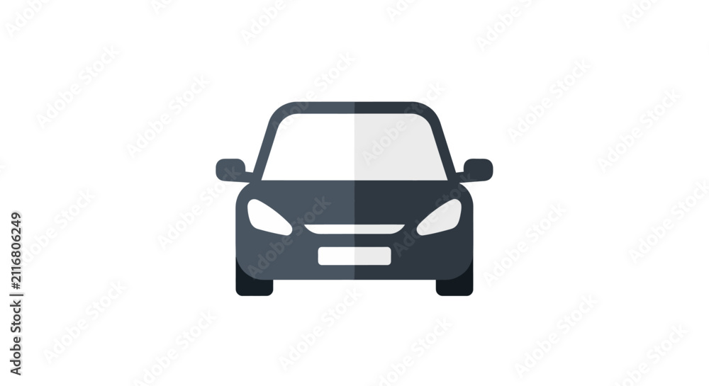 Obraz premium A simple flat design illustration of a dark grey car viewed from the front, with white windows and headlights.