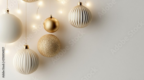Minimal White and Gold Christmas Ornaments on Clean Festive Background