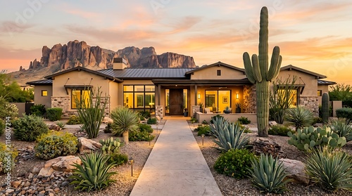 Modern desert luxury home with saguaro cactus in arizona at sunset. arizona yard