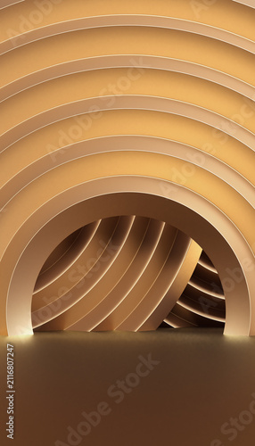 Luxury abstract golden curved arch stage with layered metallic lines. Minimal geometric background for product display, podium showcase, branding presentation, exhibition and premium advertising.