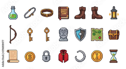 Fotografie A diverse set of pixel art fantasy game icons featuring potions, gear, treasure, and quest items, perfect for classic role-playing game development