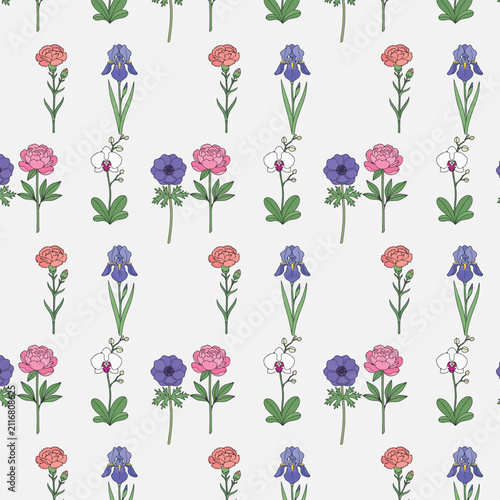 Elegant hand-drawn floral pattern with vibrant spring and summer blossoms, ideal for textile and decorative backgrounds