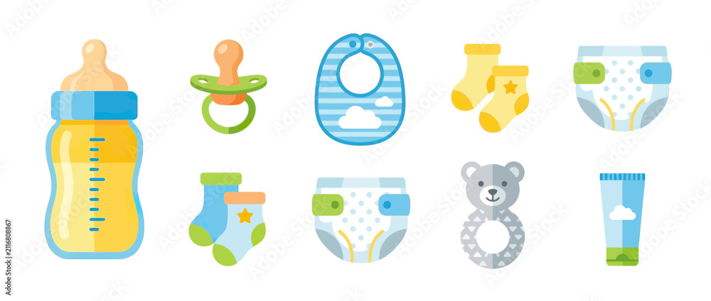 Fototapeta premium Cute Baby Essentials Flat Icon Set