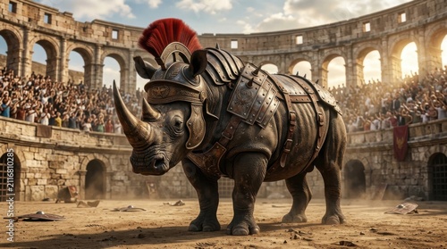 Armored Rhinoceros Gladiator in Roman Colosseum Arena.