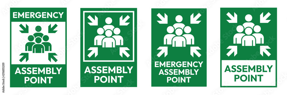 Fototapeta premium Emergency assembly point sign. Assembly point sign symbol vector illustration isolated on white background.