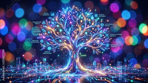 A luminous digital tree composed of glowing lines and nodes branching into colorful technology icons, symbolizing interconnected knowledge, communication, and innovation in a vibrant abstract network.