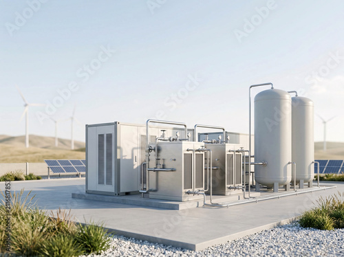 A clean energy facility powered by solar panels and wind turbines, featuring industrial equipment and storage tanks under a clear blue sky.