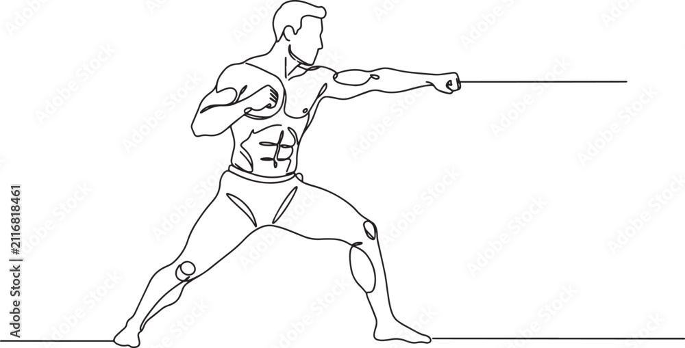 Fototapeta premium Muscular man in fighting stance, ready to strike with a punch, line art.