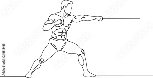 Muscular man in fighting stance, ready to strike with a punch, line art.