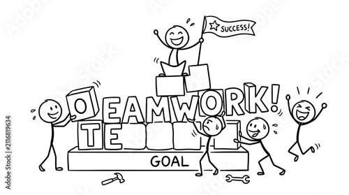Collaborative team building the word teamwork to reach goal.