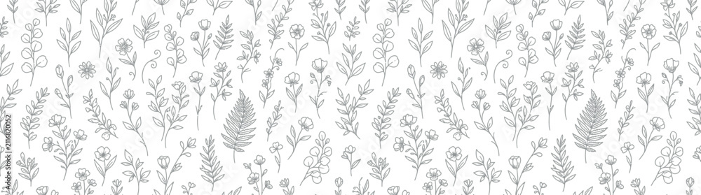 Naklejka premium Hand-drawn delicate botanical illustration seamless pattern