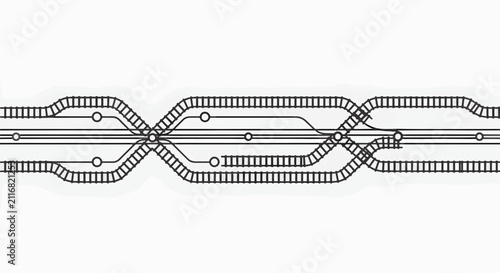 Minimalist vector illustration of a railway junction network pattern featuring complex tracks, switches, and connection nodes on a white background for logistics and transit design.