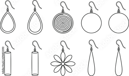 фотографія Fashion drop earring collection set with various shapes line art vector illustration isolated on white background