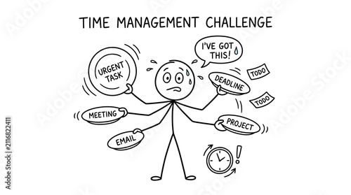 Overwhelmed stick figure multitasking various business duties.