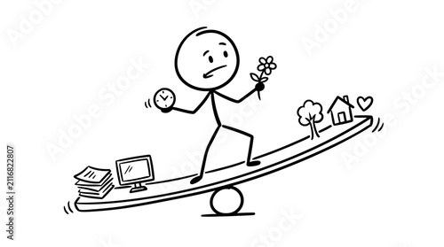 Man balancing work, home, and health on seesaw.