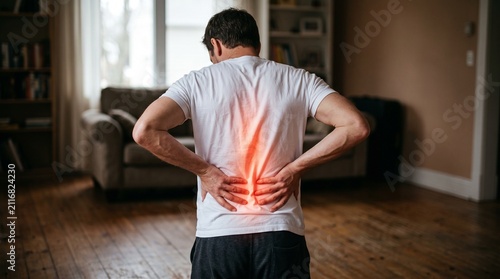 Man suffering from lower back pain with red highlighted area on his spine at home